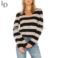 New fashion style loose oversized women cashmere v neck striped sweater
